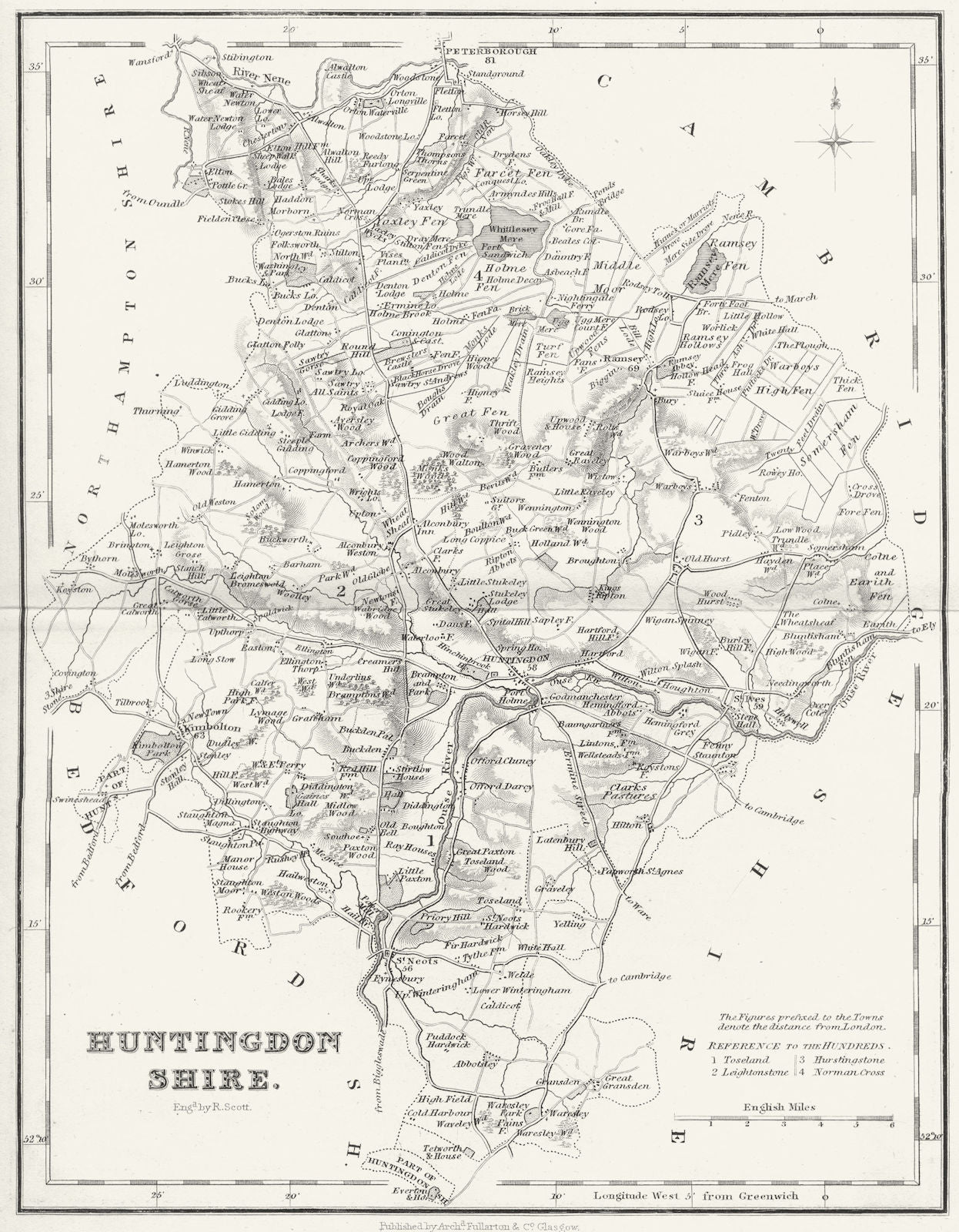 HUNTS. Huntingdonshire. Fullarton 1844 old antique vintage map plan chart